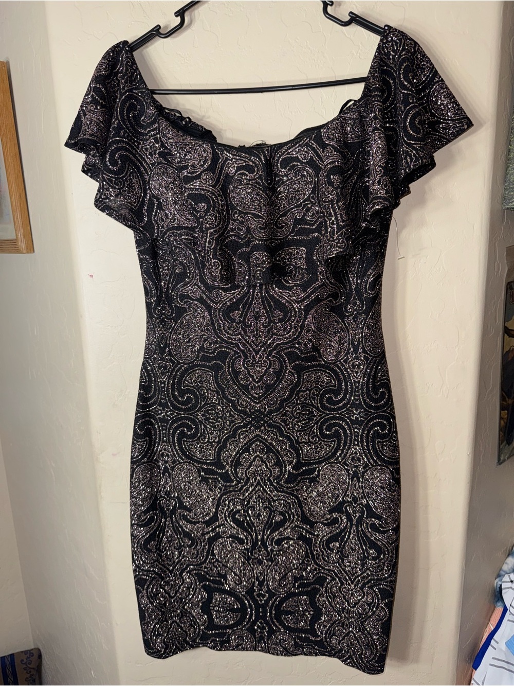 Morgan & Co Black Metallic Paisley Glitter Cocktail Party Dress Flutter Sleeve 9